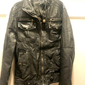 Black faux leather jacket.